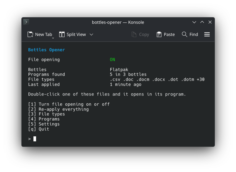 The bottles-opener menu in Konsole: file opening on, 5 programs in 3 bottles