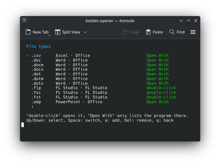 The file types list in Konsole: .flp opens in FL Studio on a double-click, Office types are under Open With