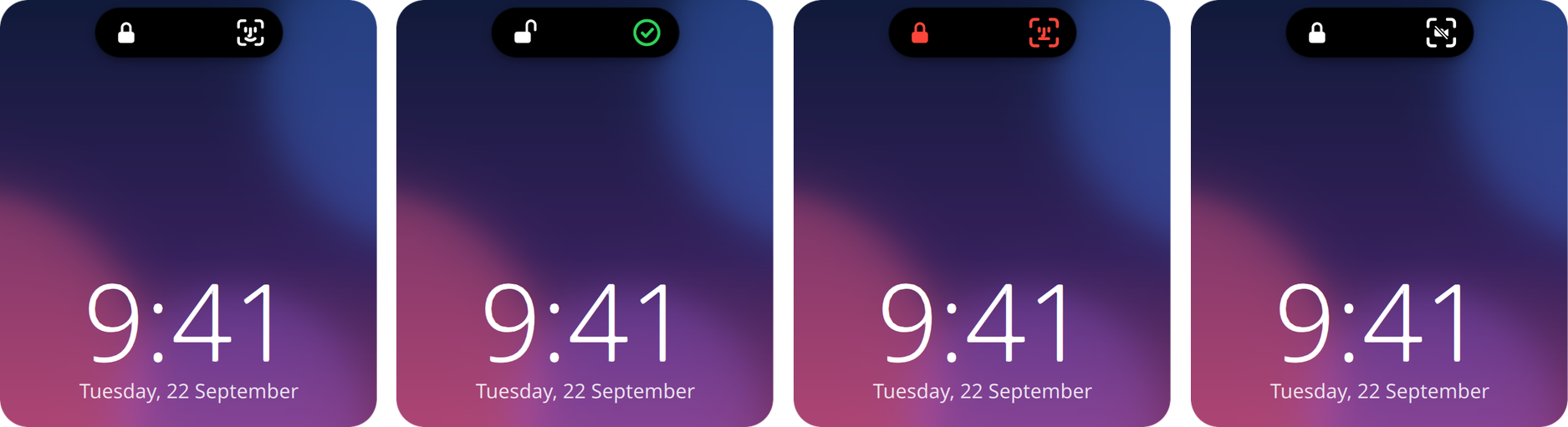 The small pill style of the bubble above the Plasma lock screen: looking, recognised, not recognised, and a crossed-out camera while another app uses the camera