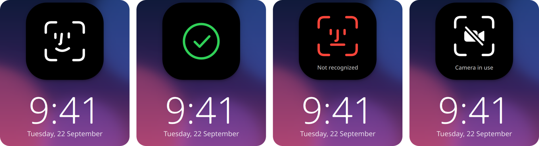 The bubble above the Plasma lock screen: looking, recognised, not recognised, and a crossed-out camera while another app uses the camera