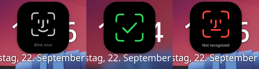 The bubble above the lock screen: asking for a blink, recognised, not recognised