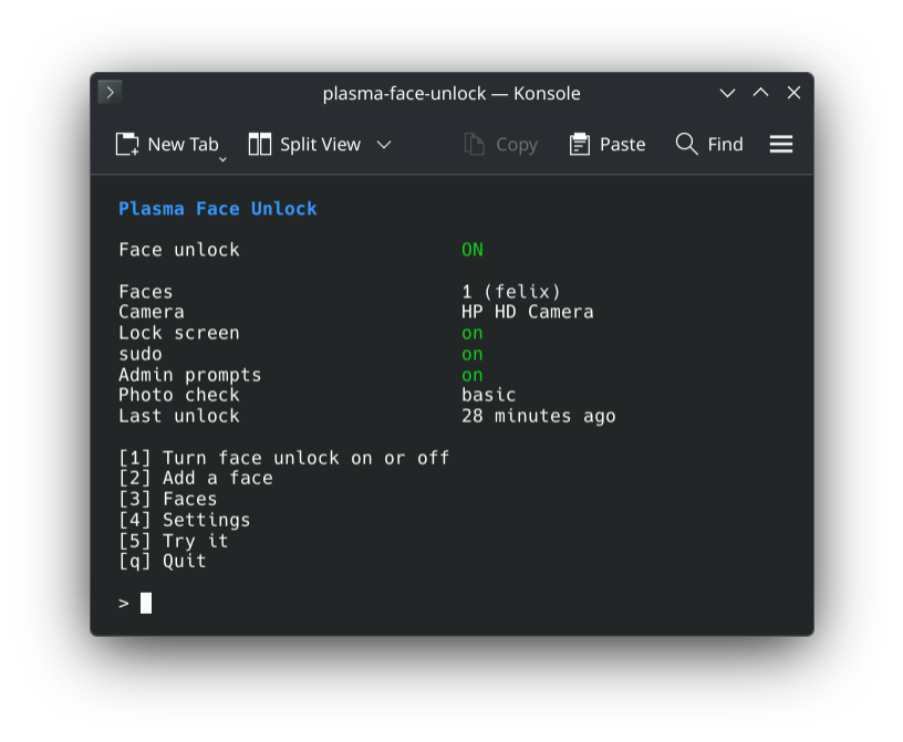 The plasma-face-unlock menu in Konsole: face unlock on, one face, lock screen, sudo and admin prompts on