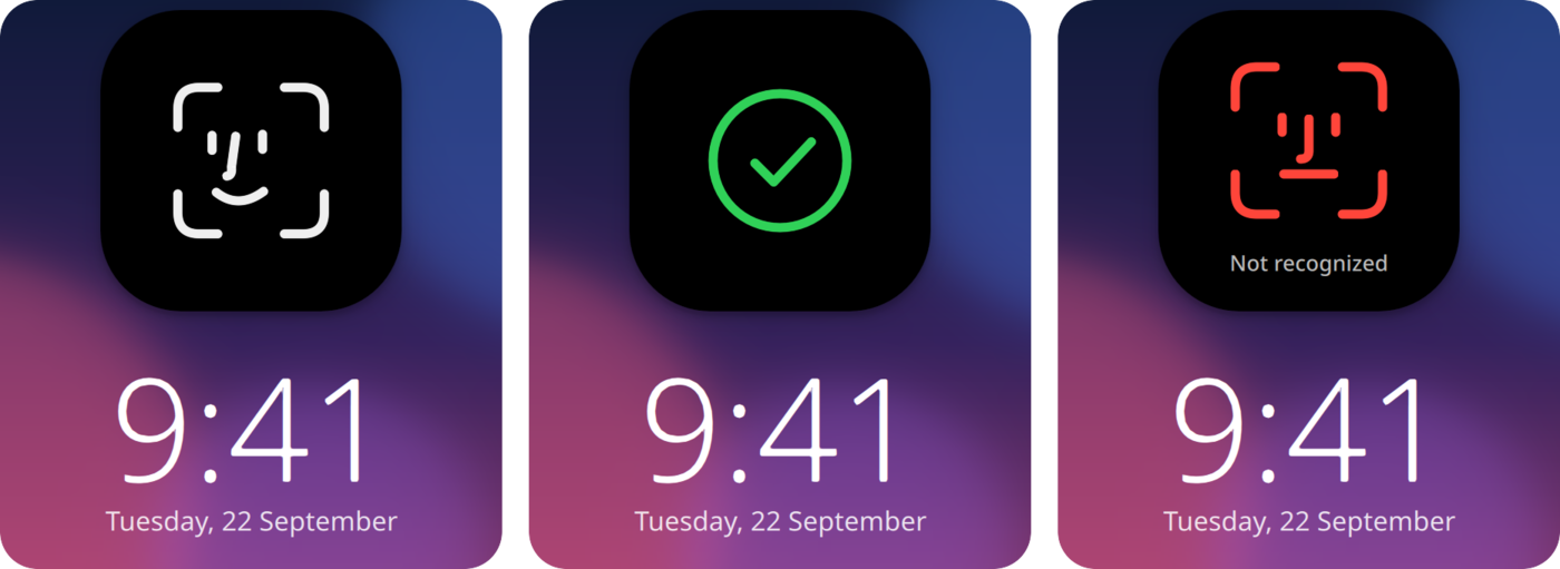 The bubble above the lock screen: looking, recognised, not recognised