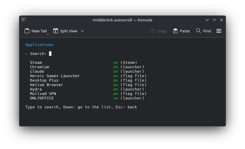 The applications list in Konsole, with a search field on top and how each app gets autoscroll