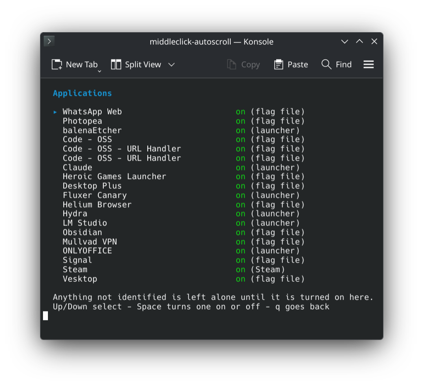 The applications list in Konsole, each with how it gets autoscroll