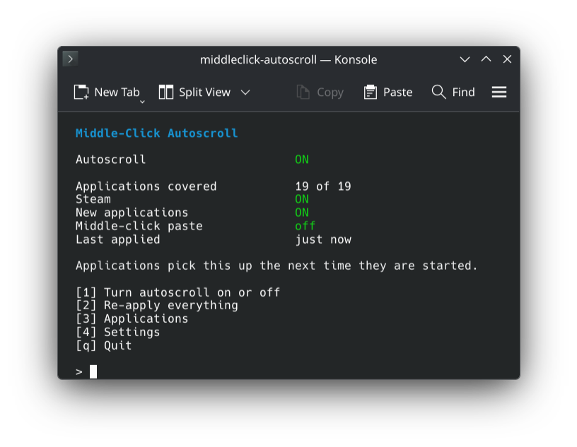 The middleclick-autoscroll menu in Konsole: autoscroll on, 19 of 19 applications covered