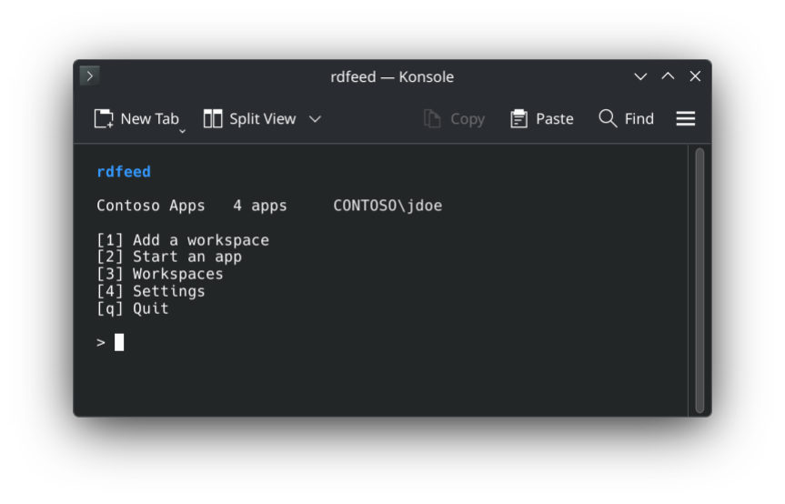 The rdfeed menu in Konsole: one workspace, Contoso Apps, with 4 apps for CONTOSO\jdoe